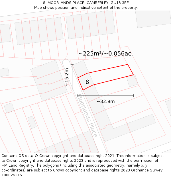 8, MOORLANDS PLACE, CAMBERLEY, GU15 3EE: Plot and title map