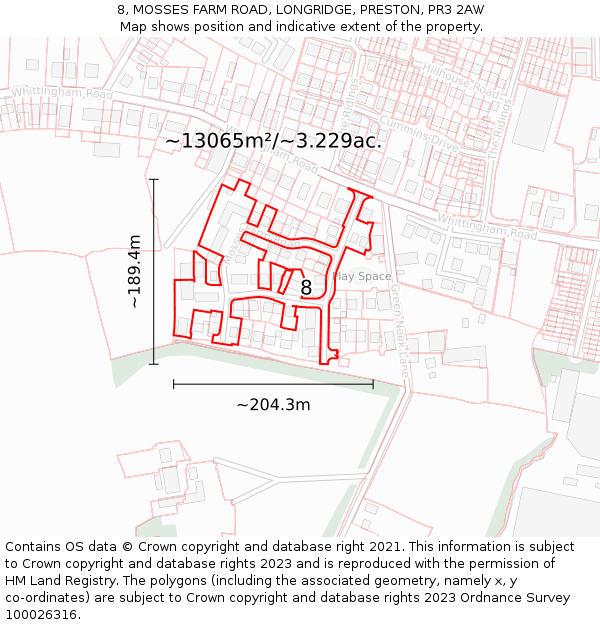 8, MOSSES FARM ROAD, LONGRIDGE, PRESTON, PR3 2AW: Plot and title map