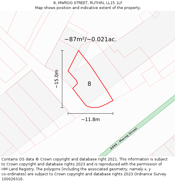8, MWROG STREET, RUTHIN, LL15 1LF: Plot and title map
