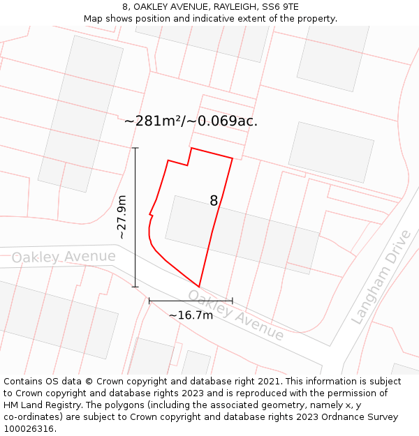8, OAKLEY AVENUE, RAYLEIGH, SS6 9TE: Plot and title map
