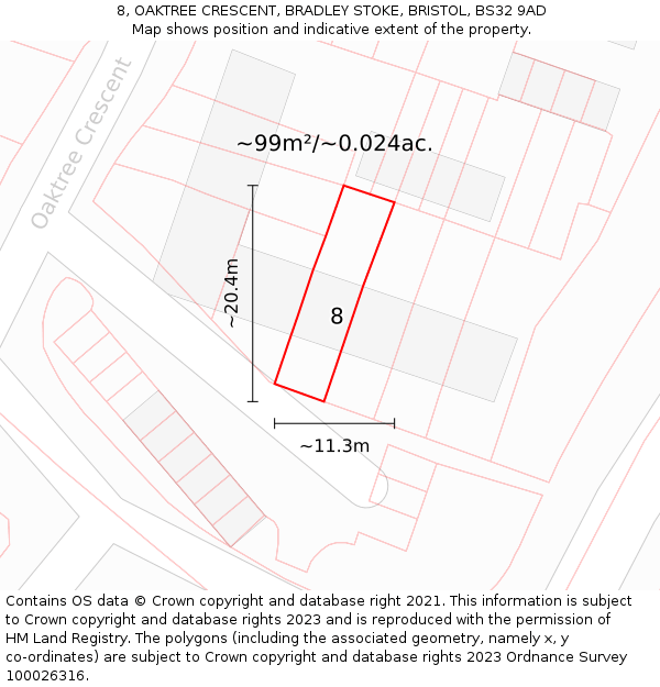 8, OAKTREE CRESCENT, BRADLEY STOKE, BRISTOL, BS32 9AD: Plot and title map