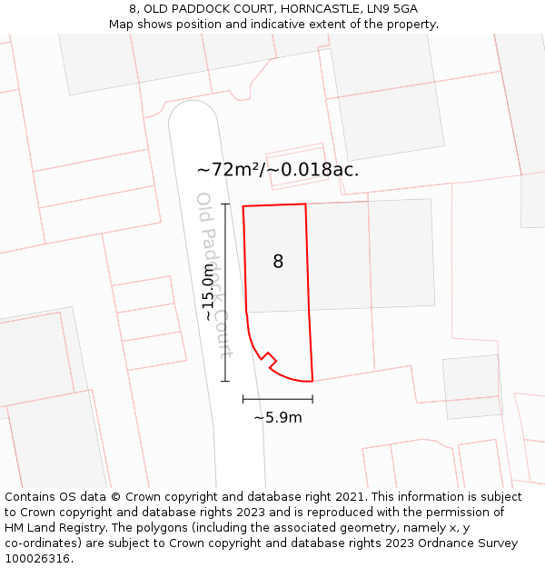 8, OLD PADDOCK COURT, HORNCASTLE, LN9 5GA: Plot and title map