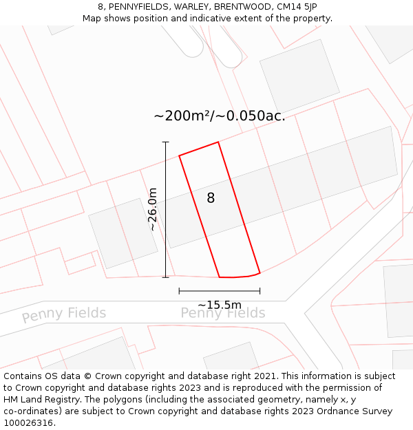 8, PENNYFIELDS, WARLEY, BRENTWOOD, CM14 5JP: Plot and title map