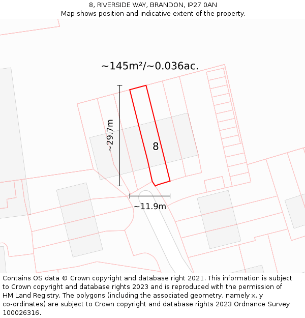 8, RIVERSIDE WAY, BRANDON, IP27 0AN: Plot and title map