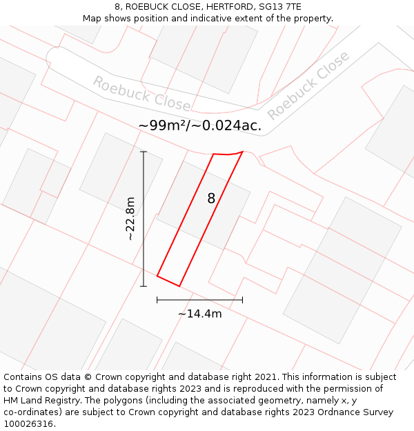 8, ROEBUCK CLOSE, HERTFORD, SG13 7TE: Plot and title map