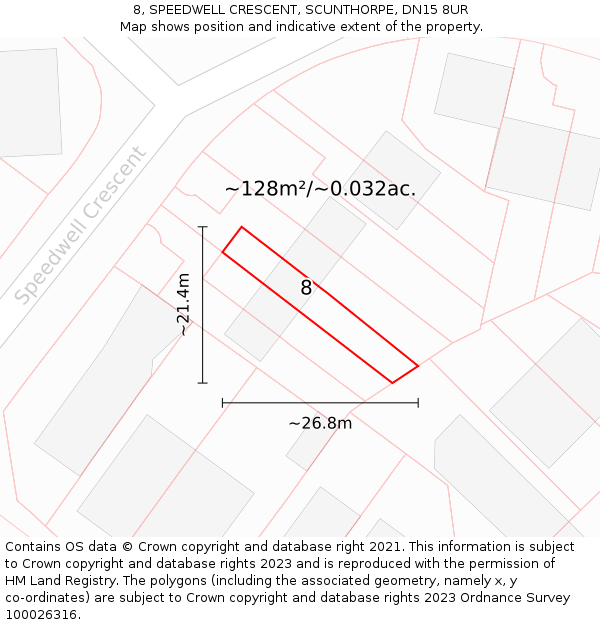 8, SPEEDWELL CRESCENT, SCUNTHORPE, DN15 8UR: Plot and title map