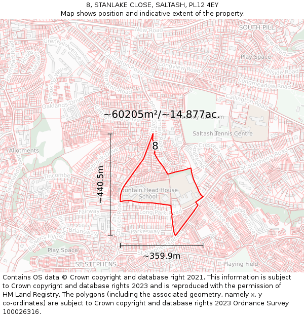 8, STANLAKE CLOSE, SALTASH, PL12 4EY: Plot and title map
