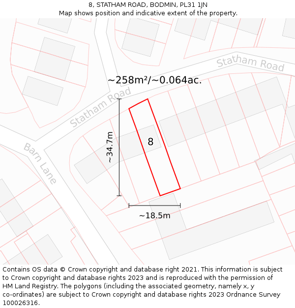 8, STATHAM ROAD, BODMIN, PL31 1JN: Plot and title map
