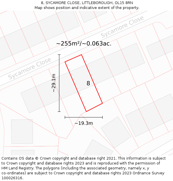 8, SYCAMORE CLOSE, LITTLEBOROUGH, OL15 8RN: Plot and title map
