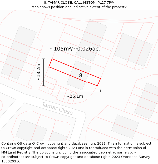 8, TAMAR CLOSE, CALLINGTON, PL17 7PW: Plot and title map