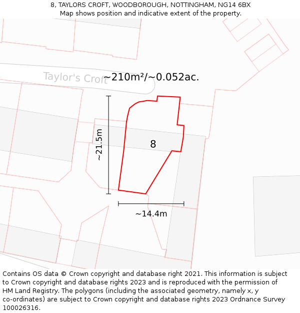 8, TAYLORS CROFT, WOODBOROUGH, NOTTINGHAM, NG14 6BX: Plot and title map