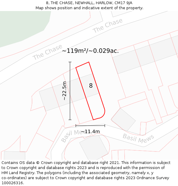 8, THE CHASE, NEWHALL, HARLOW, CM17 9JA: Plot and title map