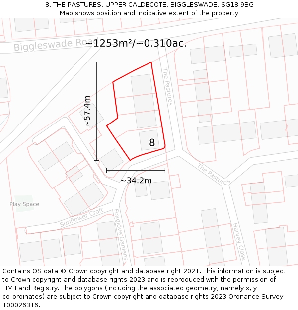 8, THE PASTURES, UPPER CALDECOTE, BIGGLESWADE, SG18 9BG: Plot and title map