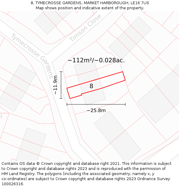 8, TYMECROSSE GARDENS, MARKET HARBOROUGH, LE16 7US: Plot and title map