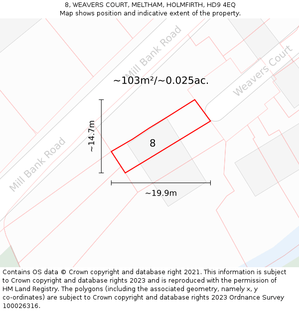 8, WEAVERS COURT, MELTHAM, HOLMFIRTH, HD9 4EQ: Plot and title map