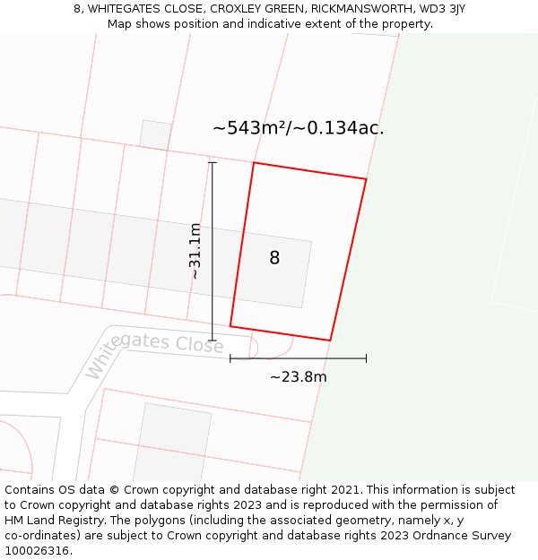 8, WHITEGATES CLOSE, CROXLEY GREEN, RICKMANSWORTH, WD3 3JY: Plot and title map