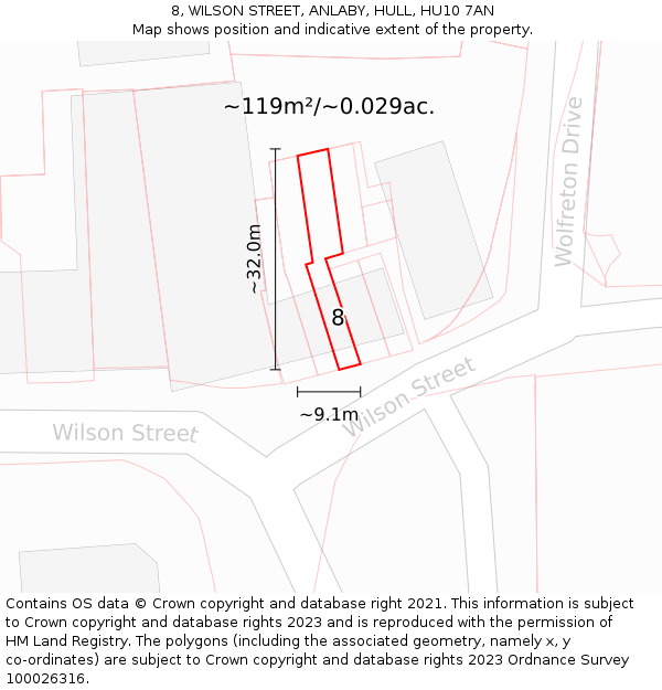 8, WILSON STREET, ANLABY, HULL, HU10 7AN: Plot and title map