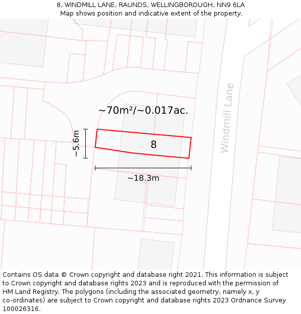 8, WINDMILL LANE, RAUNDS, WELLINGBOROUGH, NN9 6LA: Plot and title map