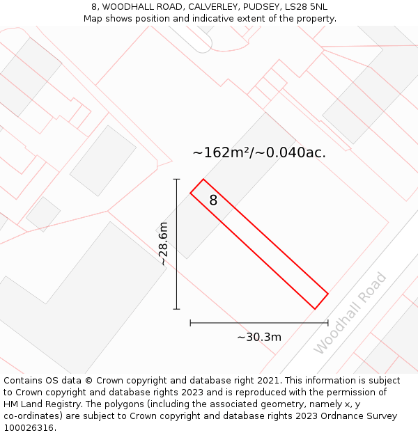 8, WOODHALL ROAD, CALVERLEY, PUDSEY, LS28 5NL: Plot and title map