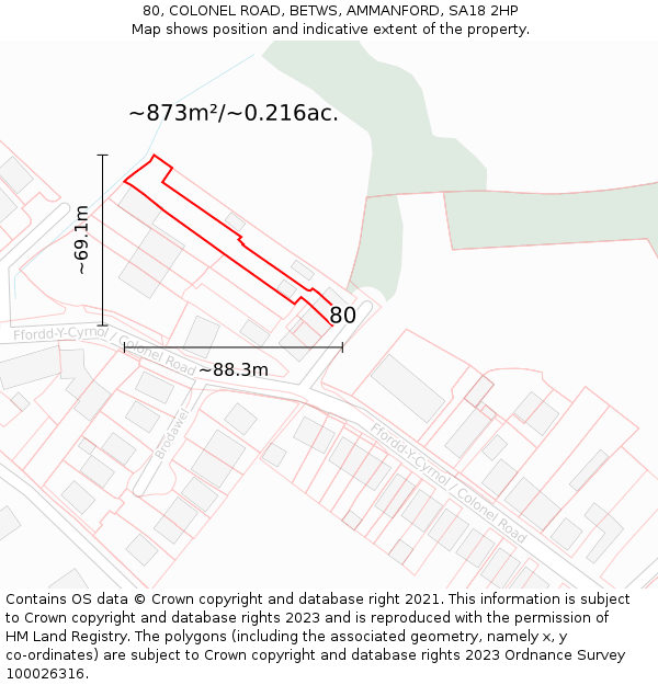 80, COLONEL ROAD, BETWS, AMMANFORD, SA18 2HP: Plot and title map