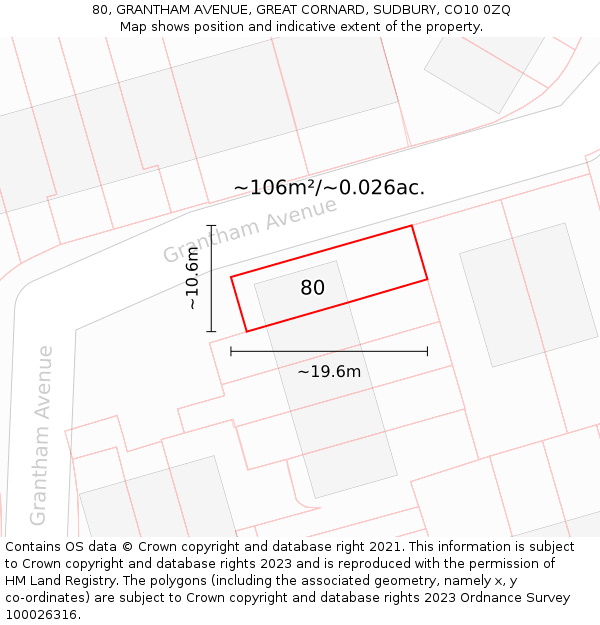 80, GRANTHAM AVENUE, GREAT CORNARD, SUDBURY, CO10 0ZQ: Plot and title map