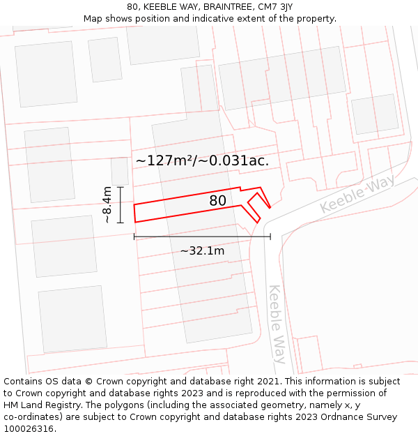 80, KEEBLE WAY, BRAINTREE, CM7 3JY: Plot and title map