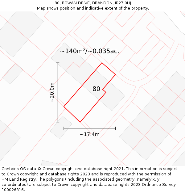 80, ROWAN DRIVE, BRANDON, IP27 0HJ: Plot and title map