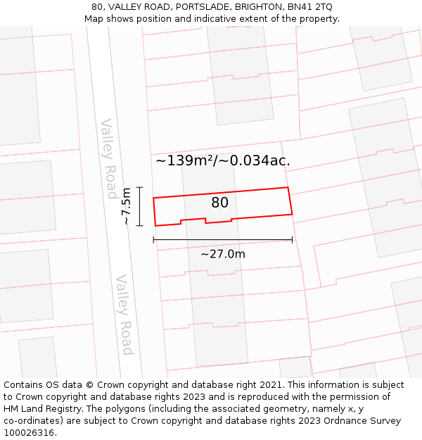80, VALLEY ROAD, PORTSLADE, BRIGHTON, BN41 2TQ: Plot and title map