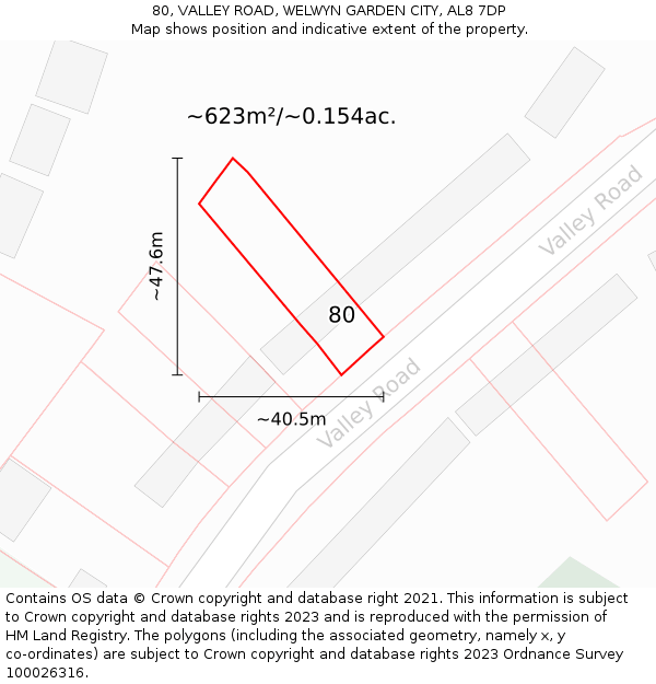 80, VALLEY ROAD, WELWYN GARDEN CITY, AL8 7DP: Plot and title map