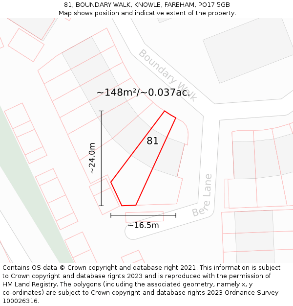 81, BOUNDARY WALK, KNOWLE, FAREHAM, PO17 5GB: Plot and title map