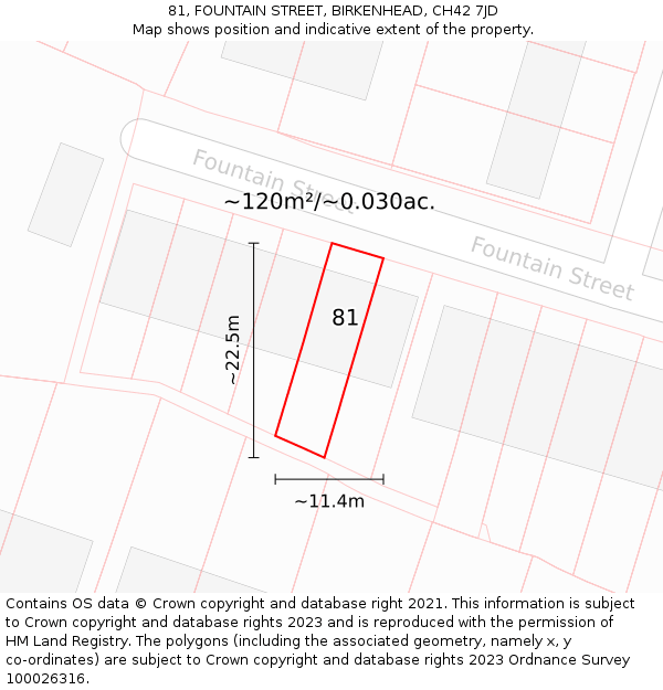 81, FOUNTAIN STREET, BIRKENHEAD, CH42 7JD: Plot and title map