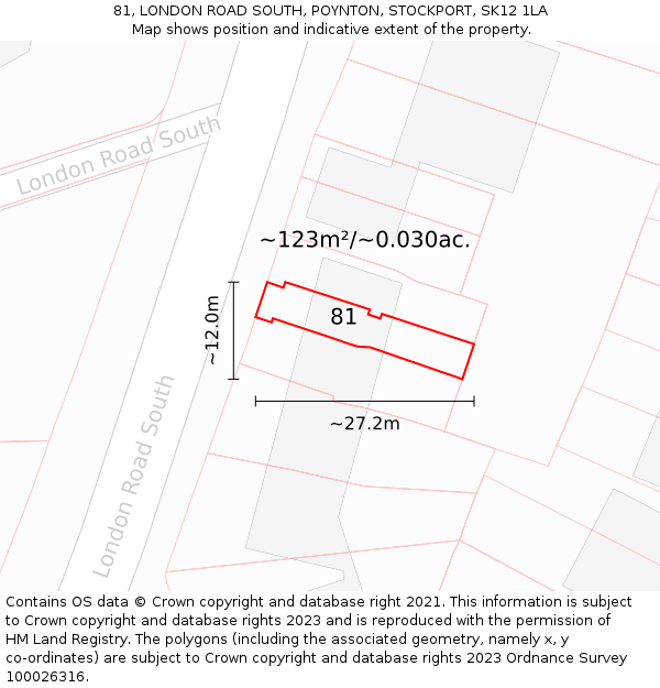81, LONDON ROAD SOUTH, POYNTON, STOCKPORT, SK12 1LA: Plot and title map