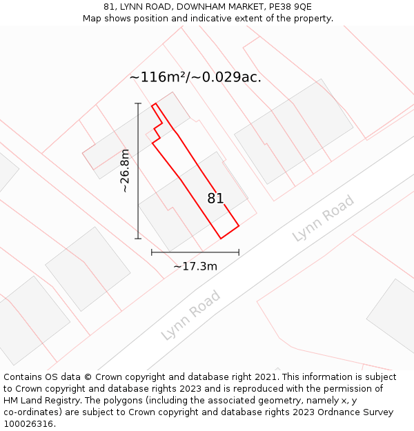 81, LYNN ROAD, DOWNHAM MARKET, PE38 9QE: Plot and title map