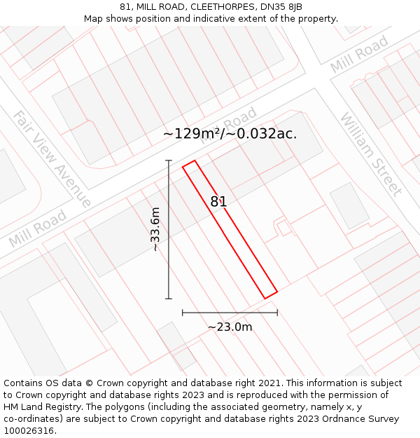 81, MILL ROAD, CLEETHORPES, DN35 8JB: Plot and title map