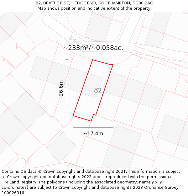 82, BEATTIE RISE, HEDGE END, SOUTHAMPTON, SO30 2AG: Plot and title map