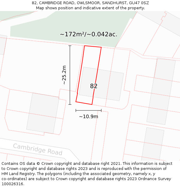 82, CAMBRIDGE ROAD, OWLSMOOR, SANDHURST, GU47 0SZ: Plot and title map