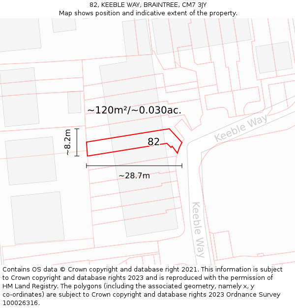 82, KEEBLE WAY, BRAINTREE, CM7 3JY: Plot and title map