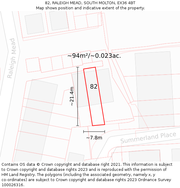 82, RALEIGH MEAD, SOUTH MOLTON, EX36 4BT: Plot and title map