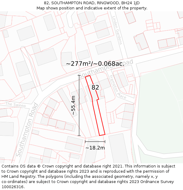 82, SOUTHAMPTON ROAD, RINGWOOD, BH24 1JD: Plot and title map