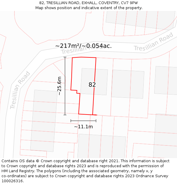 82, TRESILLIAN ROAD, EXHALL, COVENTRY, CV7 9PW: Plot and title map