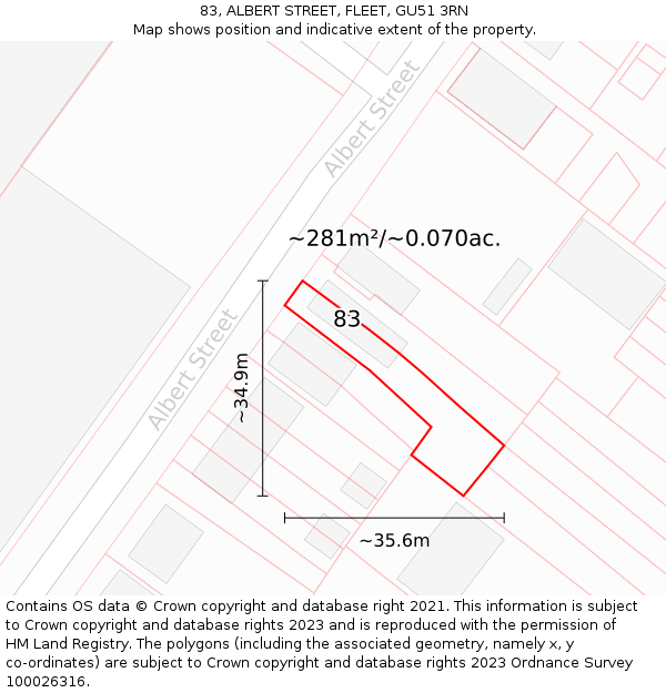 83, ALBERT STREET, FLEET, GU51 3RN: Plot and title map