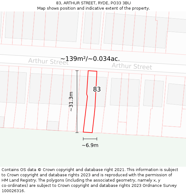 83, ARTHUR STREET, RYDE, PO33 3BU: Plot and title map