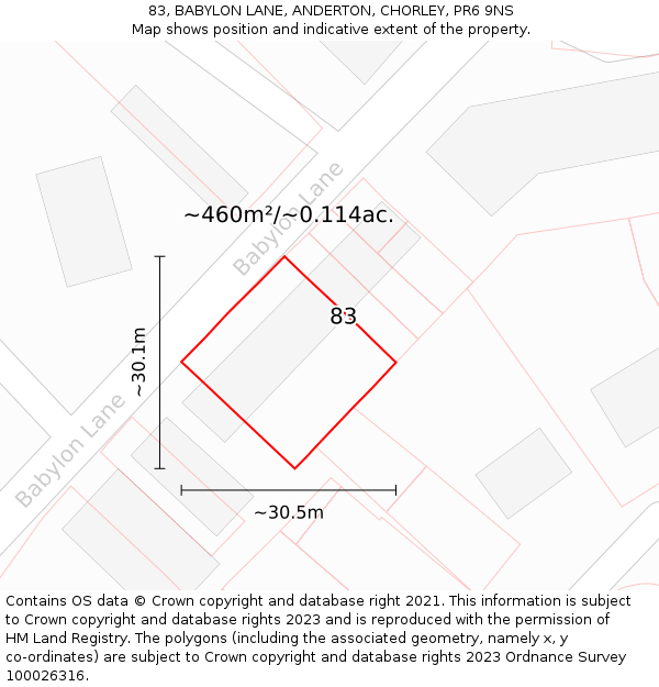 83, BABYLON LANE, ANDERTON, CHORLEY, PR6 9NS: Plot and title map