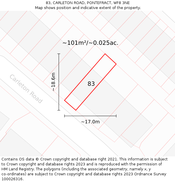 83, CARLETON ROAD, PONTEFRACT, WF8 3NE: Plot and title map