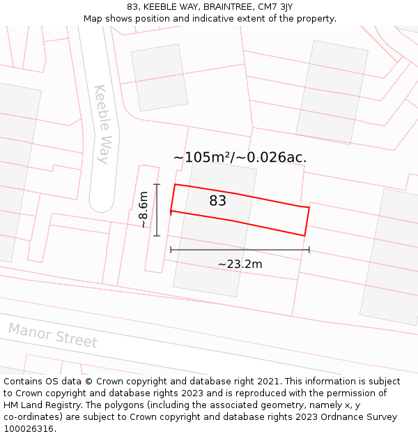 83, KEEBLE WAY, BRAINTREE, CM7 3JY: Plot and title map