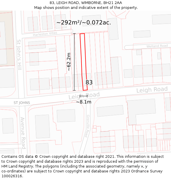 83, LEIGH ROAD, WIMBORNE, BH21 2AA: Plot and title map