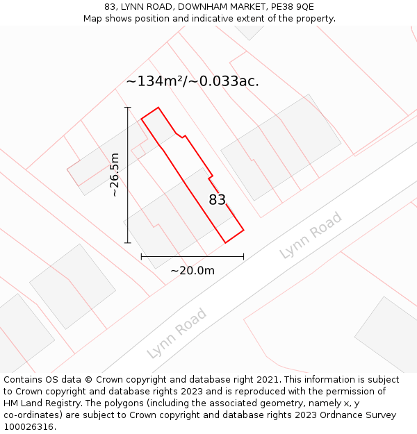 83, LYNN ROAD, DOWNHAM MARKET, PE38 9QE: Plot and title map
