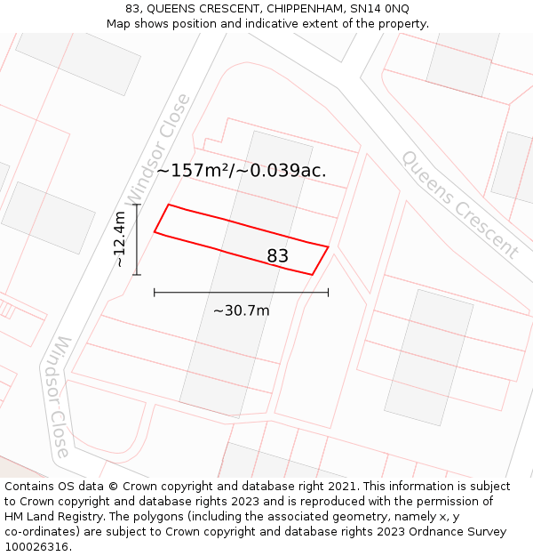 83, QUEENS CRESCENT, CHIPPENHAM, SN14 0NQ: Plot and title map