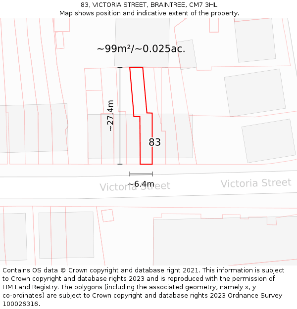 83, VICTORIA STREET, BRAINTREE, CM7 3HL: Plot and title map