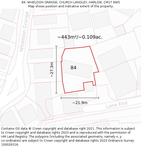 84, WHIELDON GRANGE, CHURCH LANGLEY, HARLOW, CM17 9WG: Plot and title map